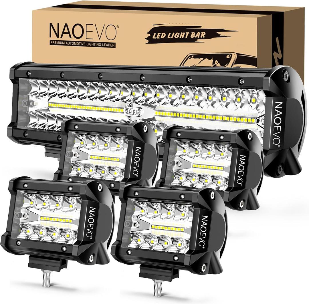 NAOEVO 12 Inch LED Light Bar and 4PCS 4 Inch LED Pod Lights, 54000LM LED Fog/Driving/Off Road Lights, Triple Row Spot Flood Combo LED Light Bar for Truck Car UTV ATV Boat