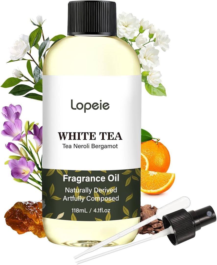 Lopeie White Tea Diffuser Oil Essential Oil for Diffuser, Air Freshener & Room Spray Long-Lasting with Notes of Tea, Neroli & Bergamot Hotel Scent for Ultrasonic & Waterless Diffusers, 4.1 Fl Oz
