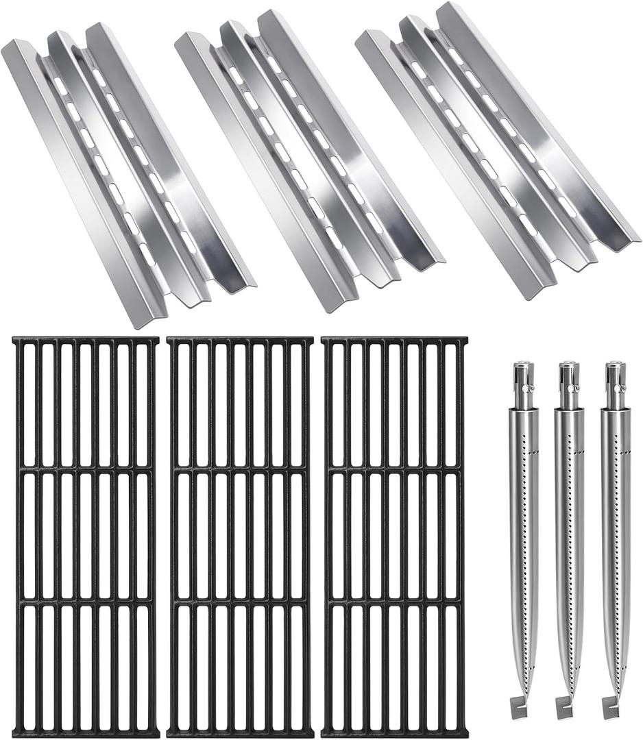 Hiorucet Grill Parts for Broil King Baron 320, Baron 320S, 9221-54, 9221-57, 9211-54, 9215-54, 9211-64, 9211-67, Baron 340, 9211-57, Cast Iron Grill Grates, Stainless Steel Heat Plates, Burners