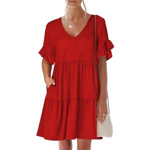 ANRABESS Womens 2024 Trendy Dress Summer Beach V Neck Ruffle Short Sleeve Tiered Babydoll Loose A Line Mini Short Dresses with Pockets Spring Fashion Cute Casual Travel Oufits A747 meihong L Rose