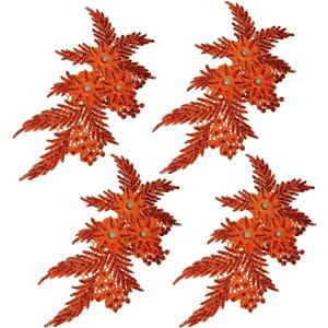 4 Pack 3D Flower Sequin Applique with Rhinestone Glitter Beaded Floral Embroidered Patch Fabric Lace Trim for Wedding Bridal Dress Gown Bag Pillow Ornaments (Orange)
