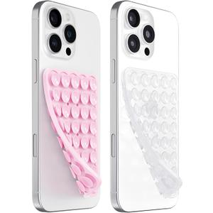 4 x PKYAA 2 Pack Silicone Suction Cup Phone Case Mount Double Sided, Hands-Free Silicon Phone Grip with Higher Suction Power for Selfies and Videos, Non Slip Phone Accessories (LightPink&Translucent)
