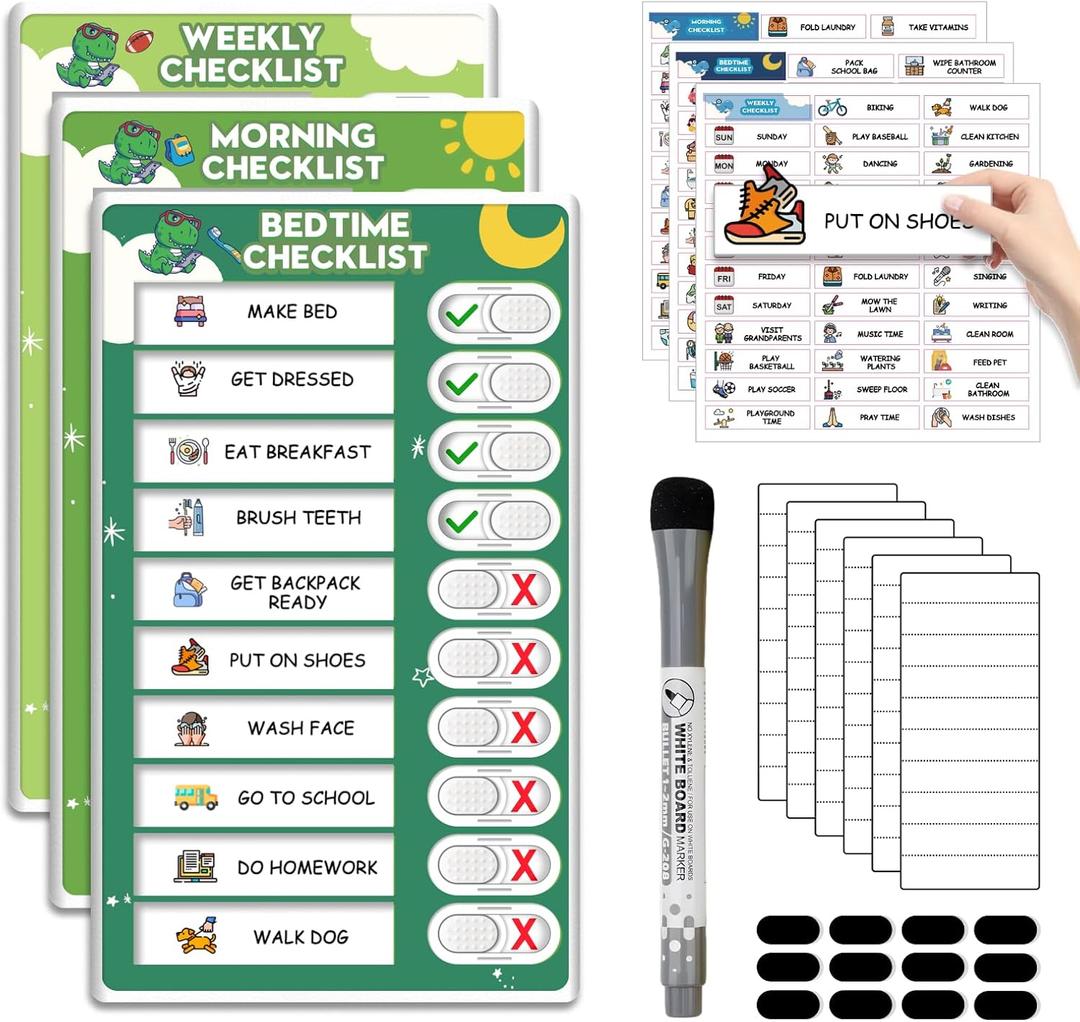 3 in 1 Upgraded Slider Bedtime/Morning/Weekly Routine Chart for Kids, Magnetic Chore Chart for Kids with Cute Chore Stickers, Cute Visual Schedule for Kid (Dinosaur-3 Packs)