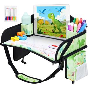 Kids Travel Tray, Car Seat Tray for kids Travel, Toddler Road Trip Essentials With Drawing Kit, Toddler Lap Desk Organizer for Car, Carseat Table for Airplane (Green)