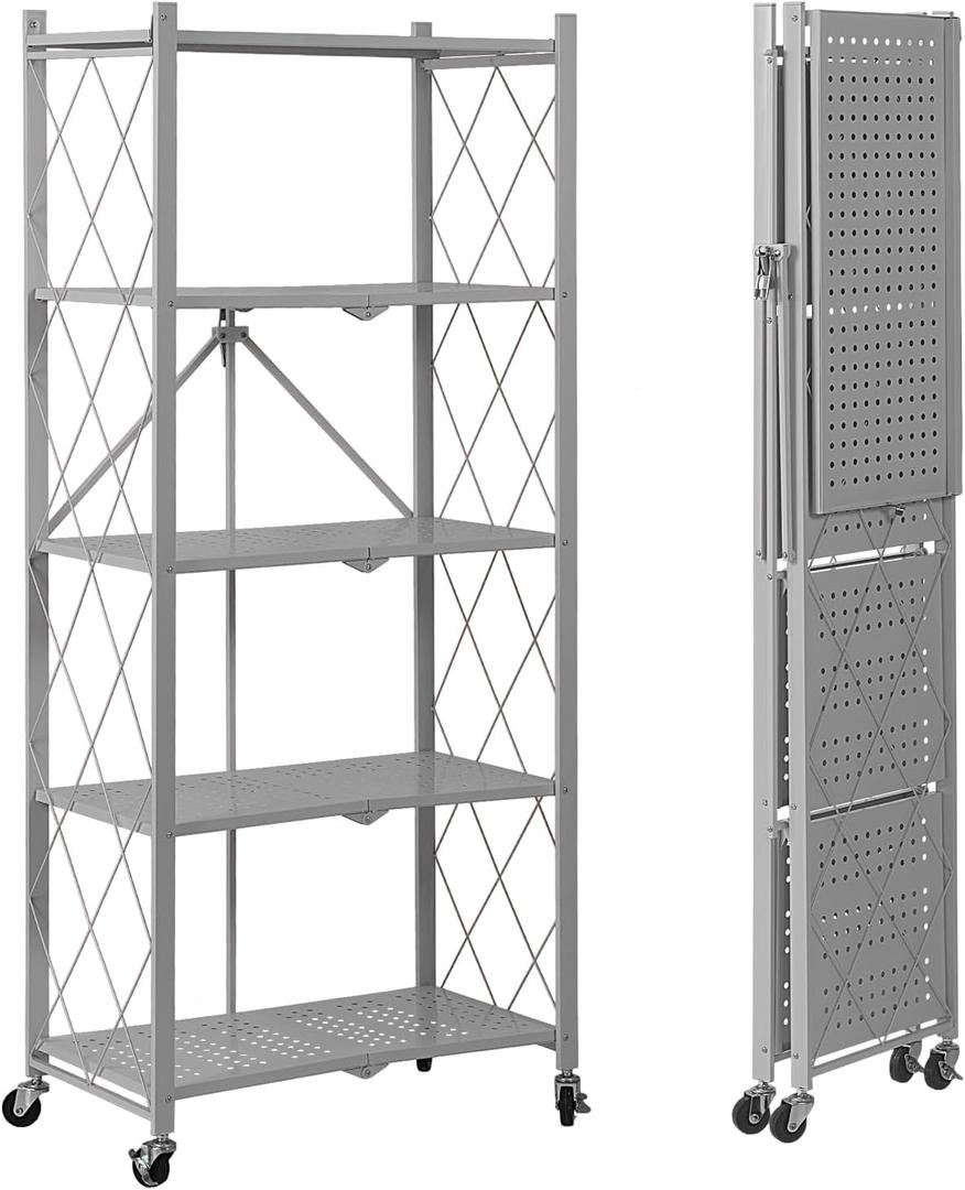 BRIAN & DANY 5-Tier Foldable Storage Shelves with Wheels, Folding Metal Rack Shelving Unit, Heavy Duty No Assembly Organizer Shelf for Garage, Kitchen, Basement, Pantry, Gray