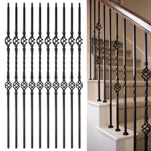 Wrought Iron Balusters - 10Pack - Hollow Double Basket & Single Twist Spindles,Decorative Metal Balustersfor Decks,1/2 Inch Square Baslusters for Staircase Interior (Satin Black) - GD03