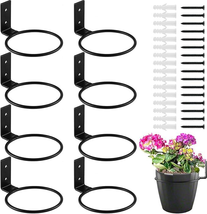 8-Pack 4 Inch Flower Pot Holder Ring Wall Mounted Metal Flower Pot Hangers Wall Hanger Bracket Rings Black Planter Bracket for Home, Garden, Indoor Outdoor Pots