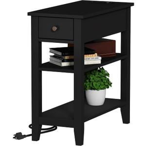 ChooChoo Narrow End Table with Charging Station, Side Table Living Room with USB Ports & Power Outlets and Hidden Drawer, 3-Tier Skinny Nightstand with 2 Open Storage Shelves for Small Place (Black), 11.22"D x 23.62"W x 24.02"H