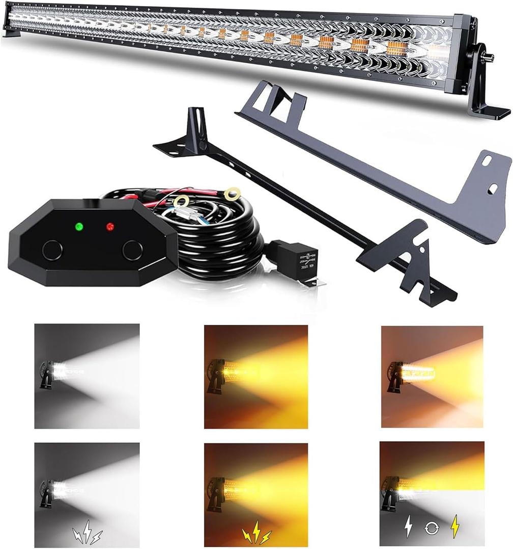 ASLONG 52 Inch 300W LED Light Bar White/Amber Flasing Strobe with Six Modes Spot Flood Offroad Driving Light with Upper Windshield Mounting Brackets Wiring Harness Switch for Wrangler JK 2007-2018