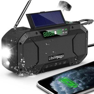 Emergency Radio Waterproof Bluetooth Speaker,Portable Digital AM FM Radio with Flashlight,Reading Lamp,Hand Crank NOAA Weather Radio with Solar Panel,5000mAH Cell Phone Charger,Emergency Survival Kit (Black)