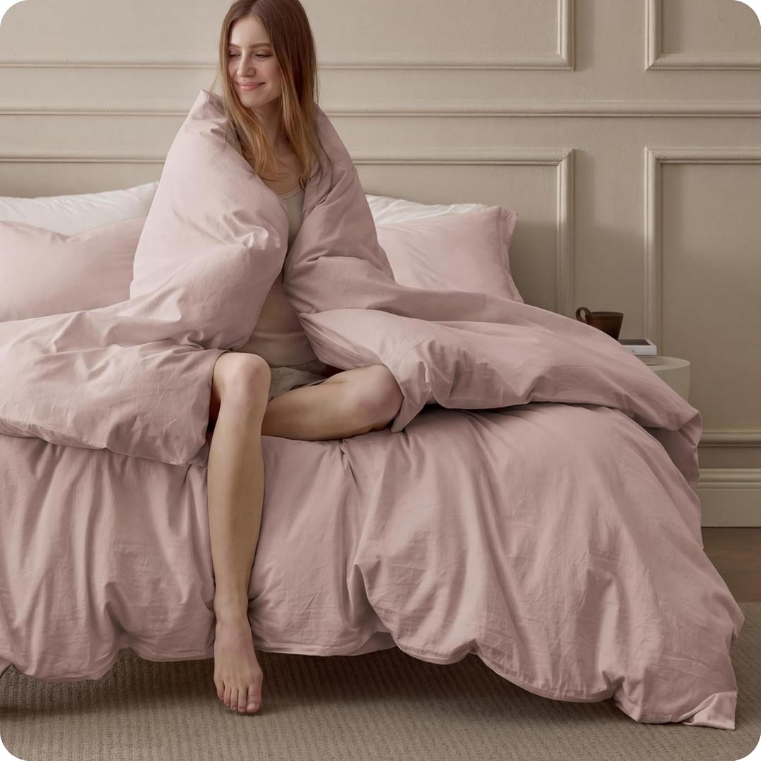 Bedsure 100% Washed Cotton Duvet Cover Queen Size - Petal Pink Minimalist Duvet Cover Linen Like - PureWoven Plain Simple & Soft Comforter Cover for All Seasons (Petal Pink, Queen, 90"x90")