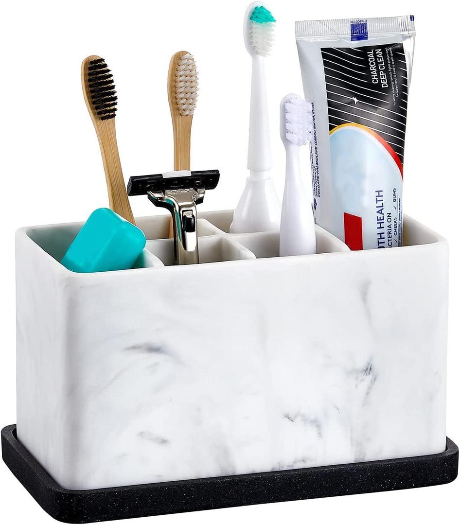 ZCCZ Marble Look Toothbrush Holder for Bathroom Countertop Organizer, Holds Toothpaste, Dental Floss, Razor, Comb, Makeup Brushes, and More, Stylish Bathroom Accessory for Tooth Brushing Essentials (1. White Marble)