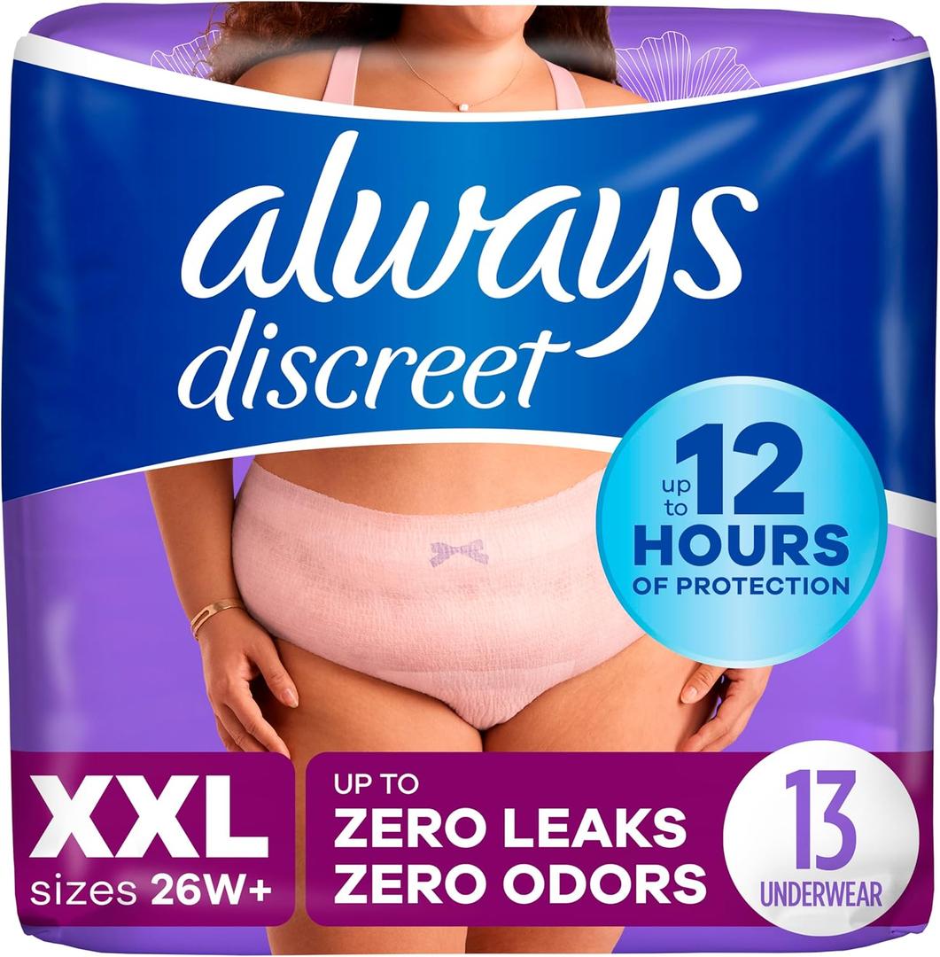 Always Discreet Adult Incontinence Underwear for Women and Postpartum Underwear, XXL, Up to 100% Bladder Leak Protection, 13 CT