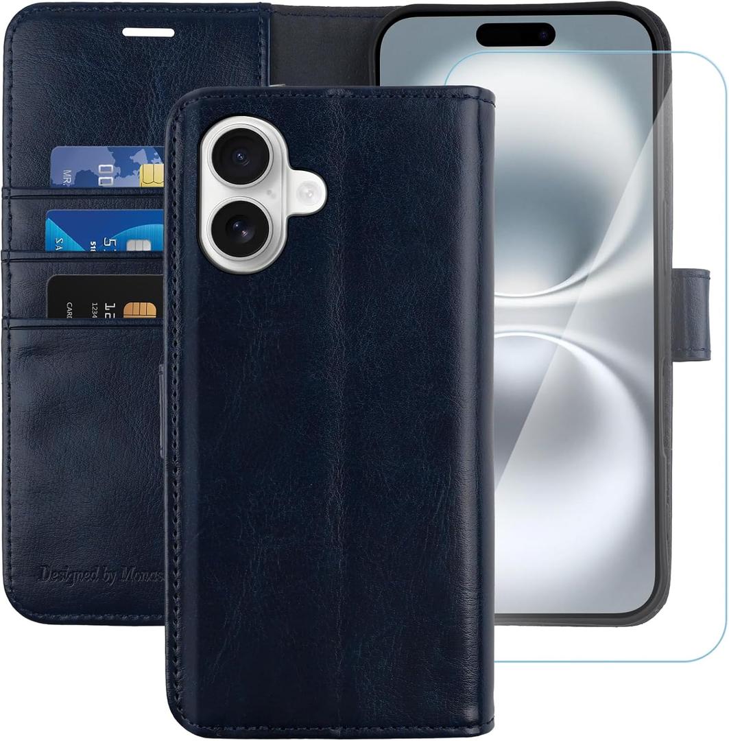 MONASAY Wallet Case Compatible for iPhone 16 5G,[Glass Screen Protector Included] [RFID Blocking] Flip Folio Leather Cell Phone Cover with Credit Card Holder, 6.1-inch, Blue