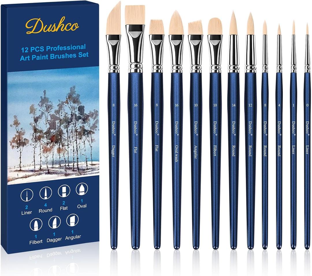 Artist Paint Brushes Set, 12PCS Watercolor Brushes Professional, Water Color Brushes - Round Flat, Liner Filbert Angular Oval Wash & Dagger for Acrylics Ink Watercolor Gouache Oil Tempera (Royal Blue)