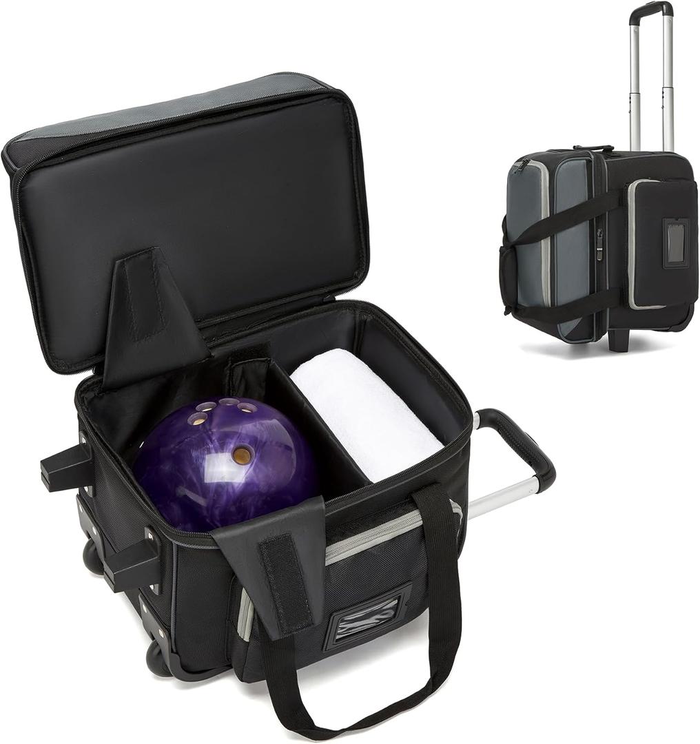 Bowling Ball Bag with Separate Shoe Compartment, Single Roller Bowling Bag with Wheels and Retractable Handle Extends to 37.0 Inches, Padded Foam Ball Insert, Gray (1 Ball Bowling)