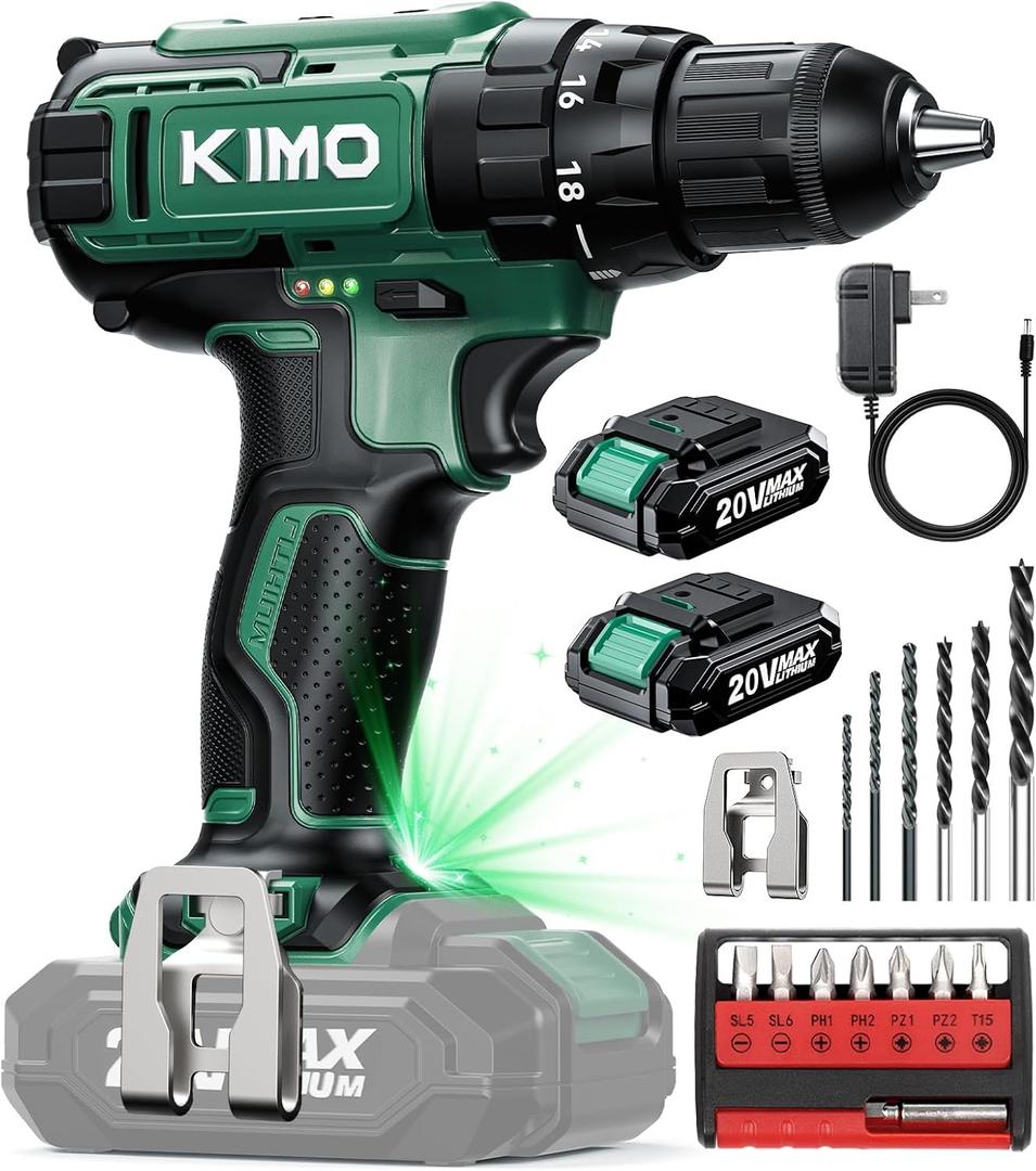 KIMO Cordless Drill Set with 20V 2.0Ah Battery 2 Packs, 0-1350 RPM, Max 350 In-lb Torque, 3/8" Keyless Chuck, 18+2 Clutch Setting, 18pcs Accessories, Power Drill for Drilling Wood Bricks Walls Metal