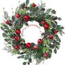 YNYLCHMX 20 Inch Winter Wreath for Front Door, Winter Wreaths with Pine Needles Holly Red Bells, Artificial Door Snowy Wreaths for Outdoor Indoor Reef Farmhouse Windows Wall Holiday Decoration (Red Balls&green Leaves)