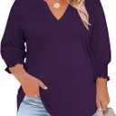 TFSDOD Womens Plus Size Tops 3/4 Sleeve Blouses Summer V Neck Shirts Smocked Cuffs Spring Outfits, Size: XX-Large Plus