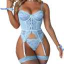 WDIRARA Women's Sexy Floral Lace Garter Bustier Lingerie Set | Cute Lingerie Set, Crotchless Lingerie, with 1Pair Fishnet Stocking (S)