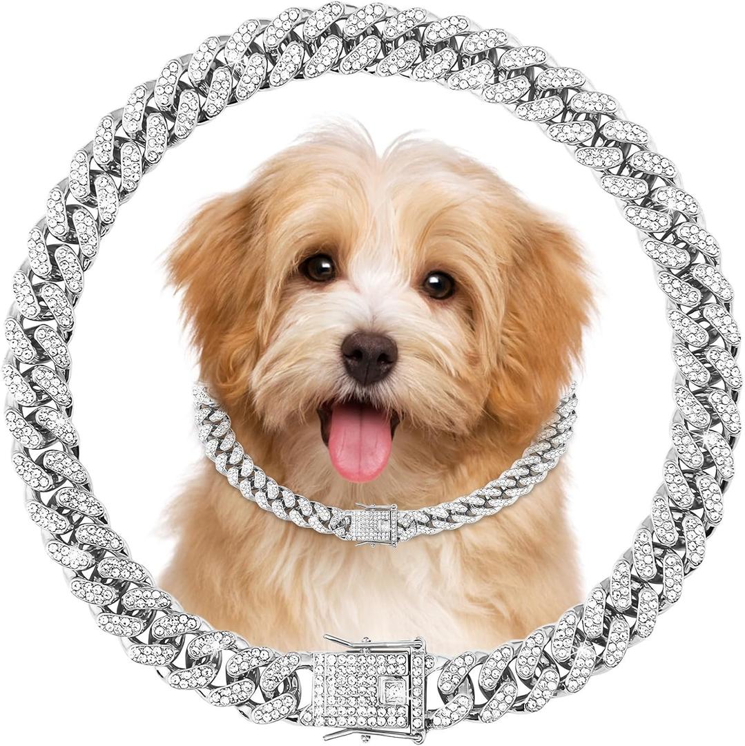Silver Dog Collar 8 Inch - Cuban Link Small Collars for Dogs, Bling Metal Dog Collar, Diamond Cat Chain Necklace, Adjustable Pet Jewelry for Tiny Breeds