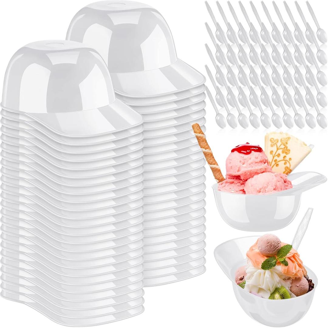 Irenare 50 Sets Mini Baseball Helmet Ice Cream Snack Bowls 8 oz with Disposable Taster Spoons Set Small Plastic Ice Cream Cups Dessert for baseball Party Gift (White)