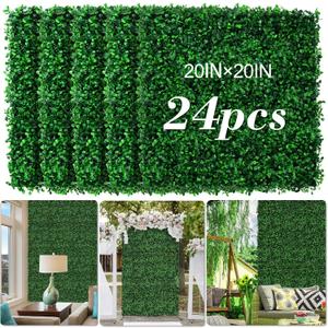 AOKIE 20"X20" Artificial Grass Wall, 24Pcs Boxwood Hedge Wall Panels UV-Anti Grass Backdrop Wall Decor, Greenery Privacy Hedge Screen for Indoor Outdoor Patio Balcony, Party Garden Fence Decor