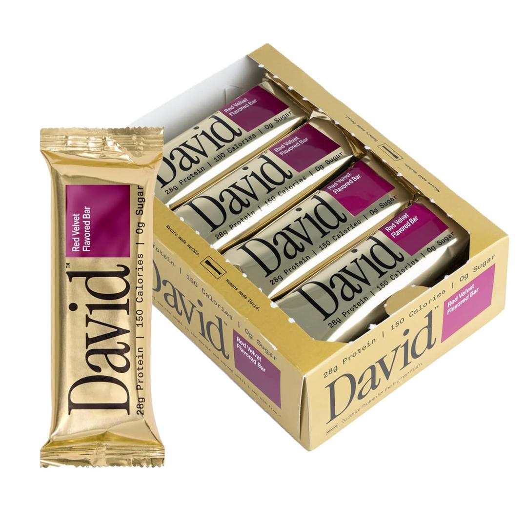 David High Protein Bars - 0g of Sugar, Low Carb, Gluten Free - 28g of Protein, 150 Calories - On-The-Go Snack - Red Velvet, Pack of 12 (EXP 11/07/26)