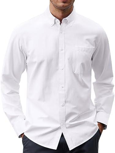 J.VER Men's Oxford Shirt Solid Casual Button Down Collar Shirts Long Sleeve Dress Shirts with Pocket, White, Medium