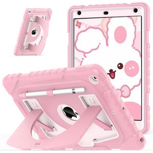 OKP Case for iPad 9th/ 8th/ 7th Generation 10.2 Inch (2021/2020/2019), Shockproof Rugged Heavy Duty i Pad 9 8 7 th Gen Protective 10.2'' Cover with Pencil Holder/Kickstand, Pink+Light Pink