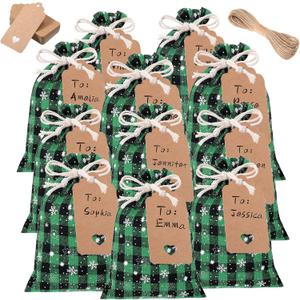 Shappy 24 Pcs Christmas Drawstring Gift Bags Xmas Buffalo Plaid Burlap Advent Bags 7 x 5 Inches Linen Treat Candy Bag with 32.8 ft Rope 24 Card(Black Green Snowflake)