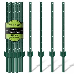 20 Pack Metal Fence Posts, 3ft Heavy Duty U-Post, Green Garden Stakes, No-Dig Post Anchors for Wire Fences, Temporary Fencing, Electric Fence, and Corner Support