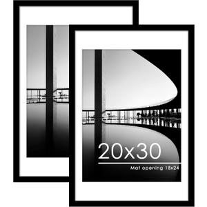 PEALSN 20x30 Picture Frame Set of 2, Display Pictures 18 x 24 with Mat or 20 x 30 without Mat for Wall Mounting Display, Poster Frames, Black