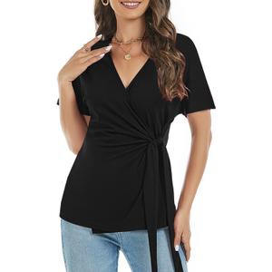 LEIYEE Womens Summer V Neck Short Sleeve Wrap Tops Casual Cute Front Twist Tie Knot Shirts Blouse (Black, M)