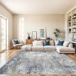 10x10 Square Living Room Rug Washable Modern Abstract Large Rug for Bedroom, Dining Room, Playroom Non-Slip Low-Pile Thin Indoor Floor Carpet (Blue Grey,10x10)