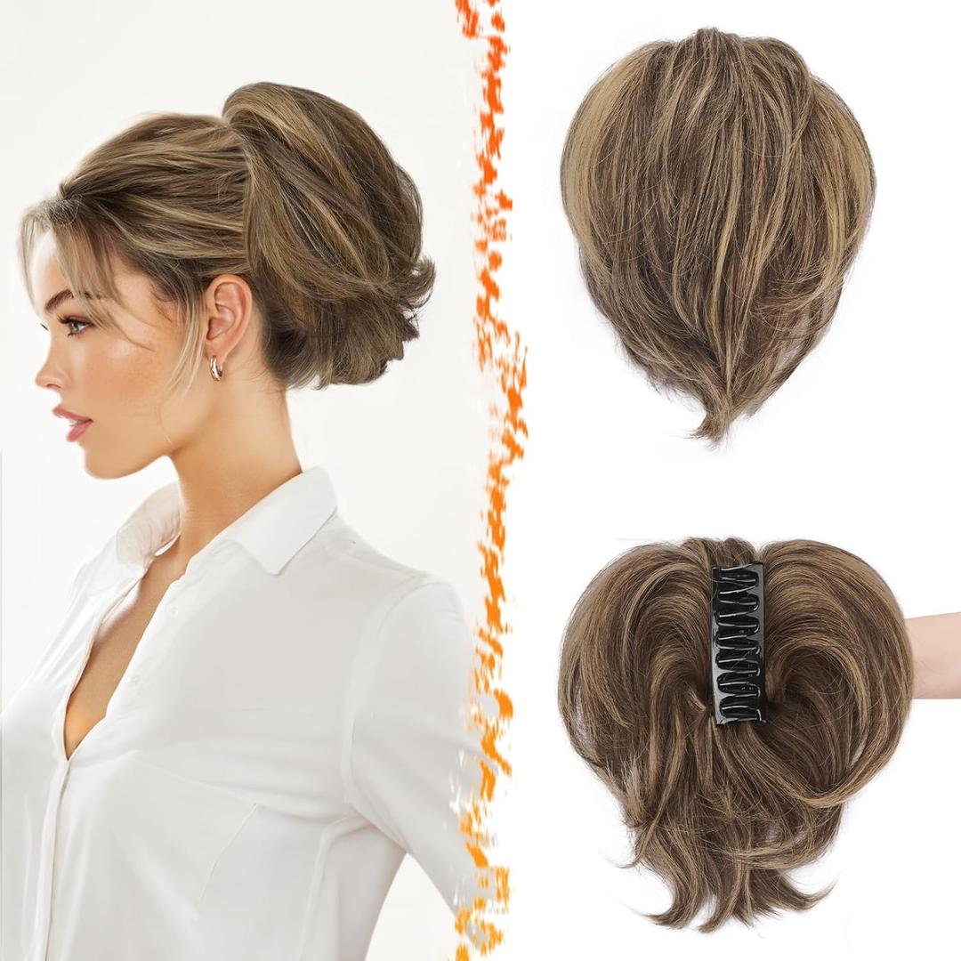 BARSDAR Claw Clip Short Human Hair Ponytail Extension - 8 Inch DIY Styles Claw Clip Real Human Hair Messy Bun Hairpieces for Women - Bendable Metals Short Natural Medium Brown Blonde Ponytail Daily