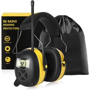 BJKing AM/FM Radio Headphones with Digital Display, 30dB AM FM Hearing Protection Safety Ear Muff, Ear Protection Headphone for Mowing, Landscaping, Shooting and Construction Black-Yellow, One Size