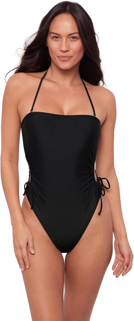Sports Illustrated Womens Strapless One Piece W/Adjustable Side Cutouts (Black, S)