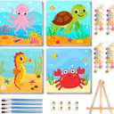 bleihum 4 Pack Paint by Numbers Kit for Kids with Frame Wooden Easel, Easy Paint by Number Sea Turtle, Cute DIY Acrylic Oil Painting by Numbers for Home Wall Decor 8x8 Inch