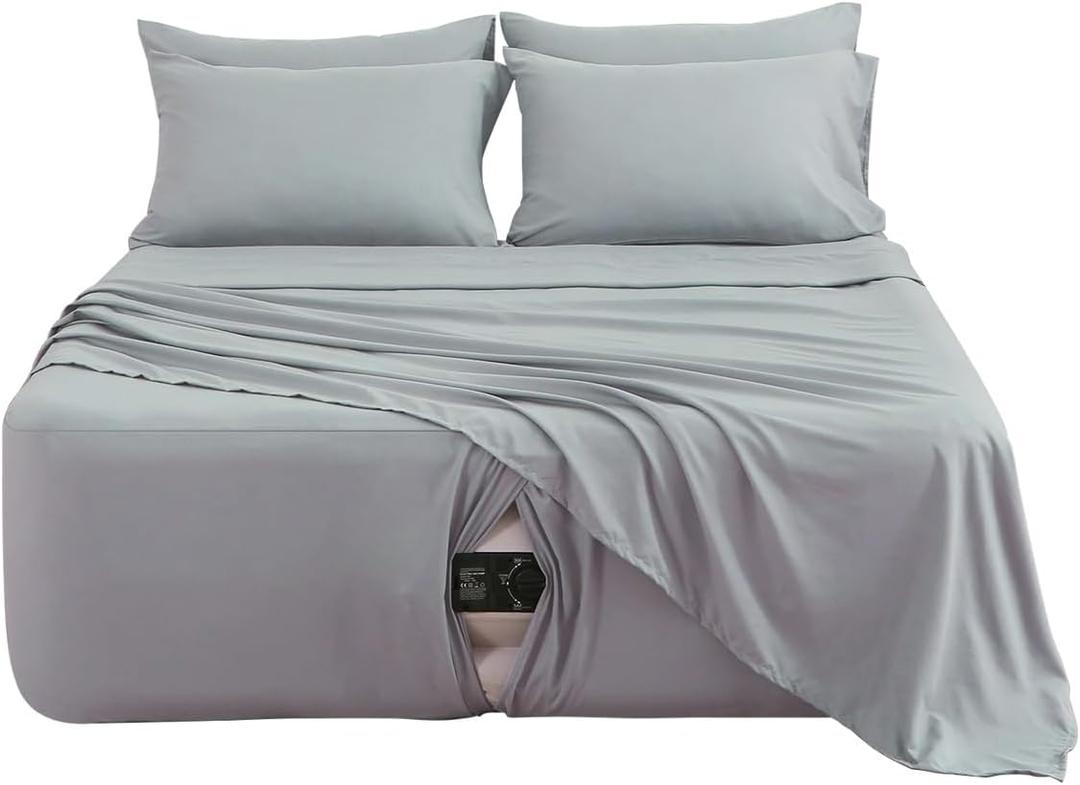 Extra Deep Pocket Full Sheet Set for Air Mattress, 6 Piece Air Bed Sheets Set with 18-24 Inches Depth, Soft & Breathable Inflatable Bed Sheet Set with Flat Sheet, Fitted Sheet and Pillowcases, Grey