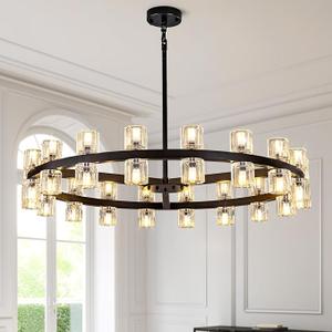 36-Light Large Black Chandeliers for High Ceilings, 36 Inch Crystal Wagon Wheel Chandelier, Farmhouse Industrial Round Chandelier Pendant Lighting Fixture for Dining Living Room Kitchen Island