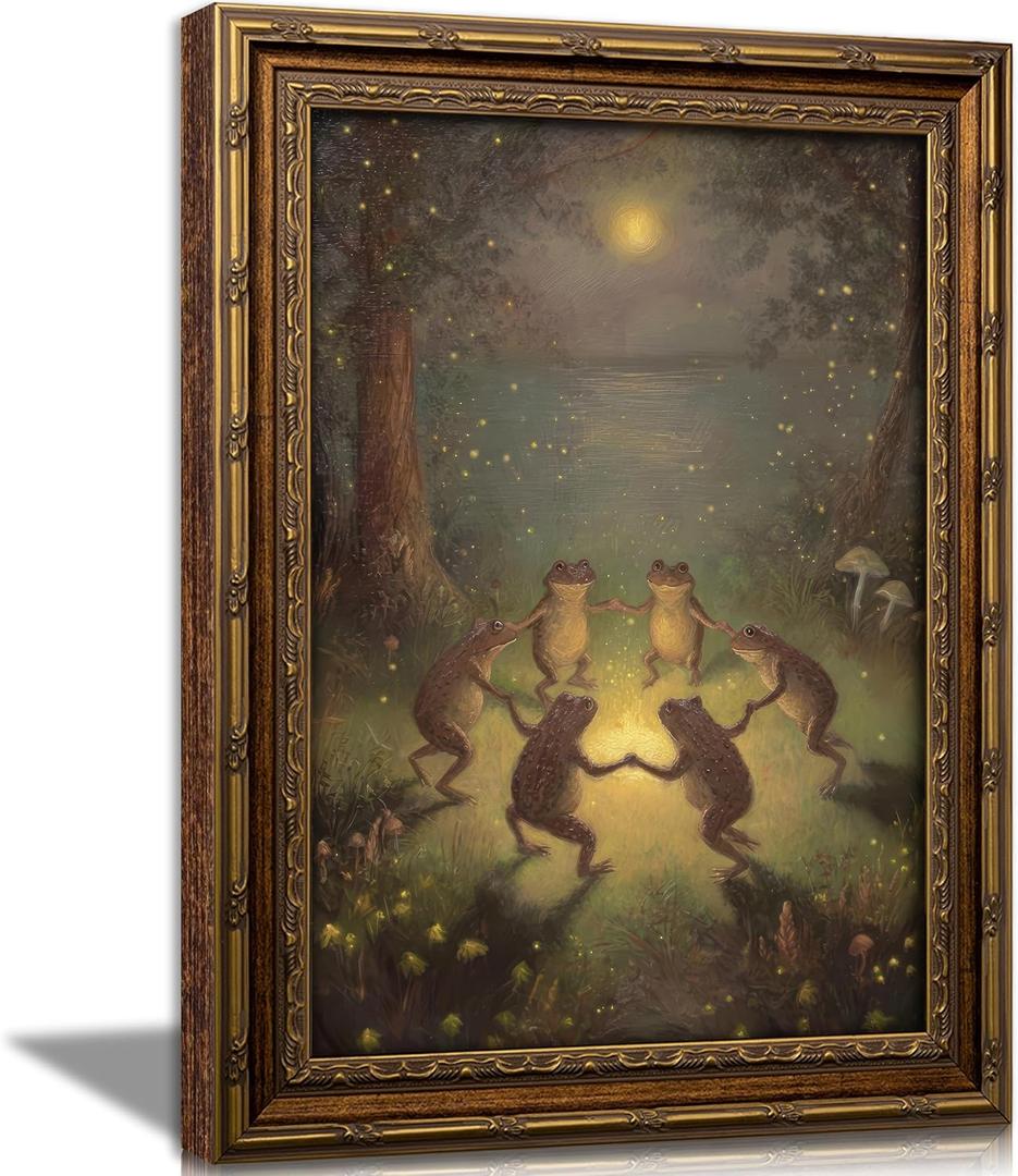 Vintage Gold Framed Frog Wall Art,Frogs Dancing in Moonlight Forest Painting Canvas Prints,Whimsical Animal Wall Decor,Retro Country Toad Poster Artwork,for Corridor Living room Bedroom Kitchen, 24"L x 16"W