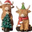 RM ROOMERS Christmas Highland Cow Decor Resin Highland Cow Figurines with Santa Hat Scarf & Tree for Tabletop Shelf Mantel Home Christmas Decoration (Set of 2, 5.39" & 4.48H) (Brown & Red & Green)