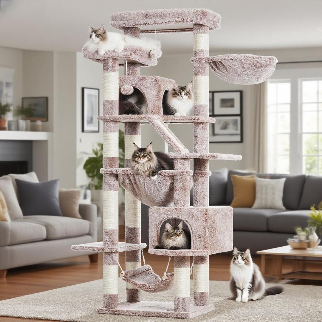 Heybly Cat Tree, 71-Inch-Tall Tower for Indoor Cats with 2 Perches, 2 Big Condos, 2 Hammocks, Basket, Scratching Pad, Large Cat Furniture and Condo, Mushroom HCT034MU (Muchroom)