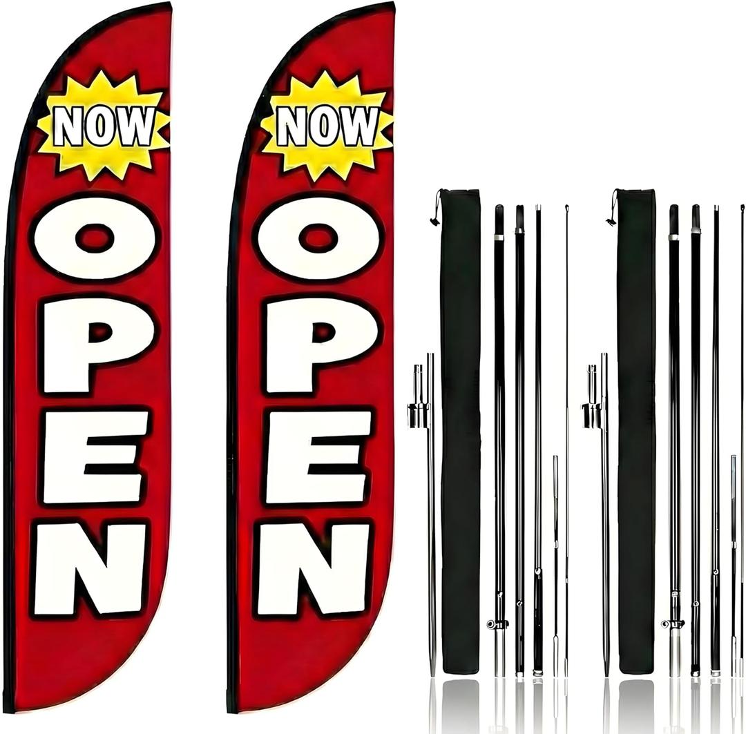 Feather Flag Pole Kit 15ft Tall 2 Pack with 12ft Tall Now Open Flags Feather Banner Advertising Open Flags for Business Grand Opening Signs Fiberglass Swooper Flag Poles with Heavy Duty Ground Spikes