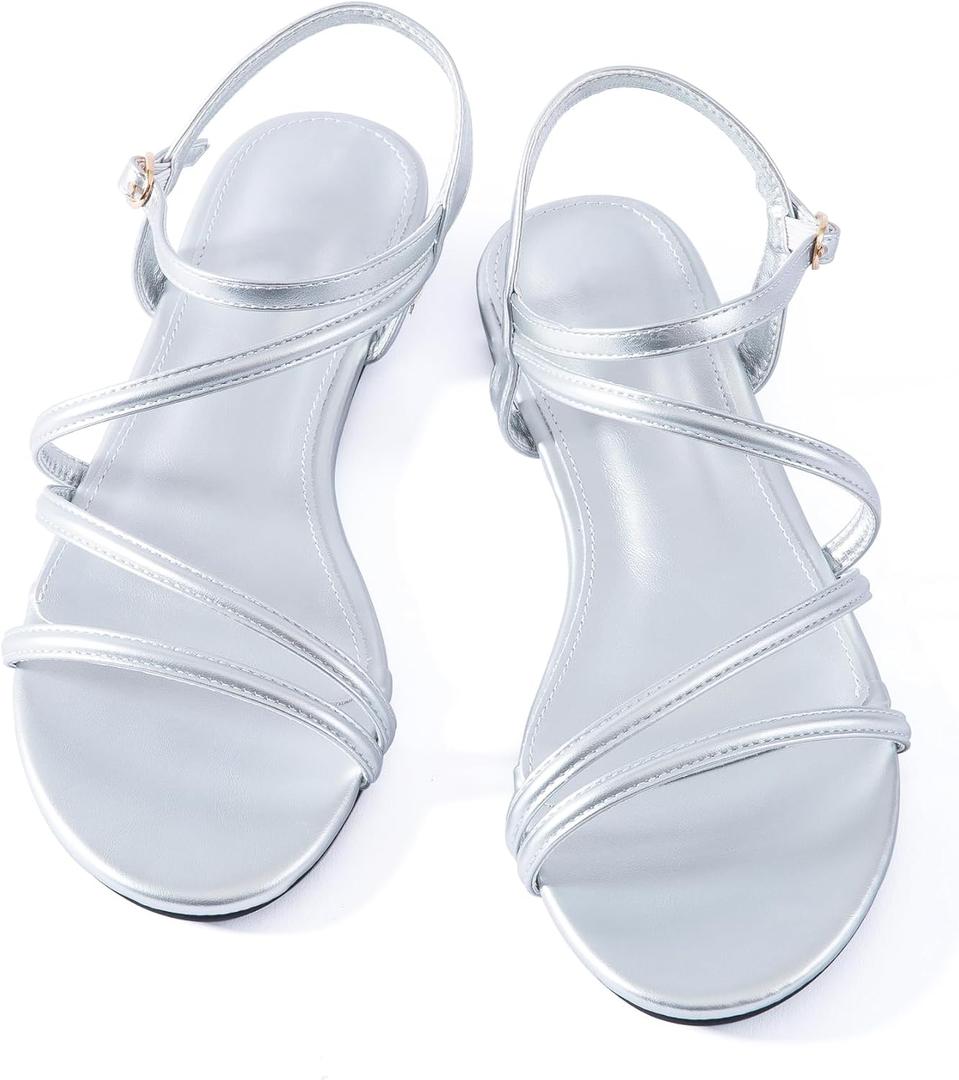 Mtzyoa Women Flat Sandals Dressy Strappy Gladiator Summer Ankle Strap Nude Open Toe Comfortable Wedding Casual Leather Ladies Party Trendy Vacation (9, Silver)