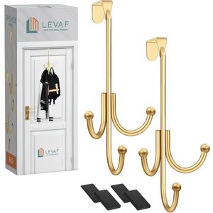 LEVAF 2-Pack Over The Door Hook - with 3 Hang Heads & Snug Fit Pads- 2Pcs Heavy Duty Hooks for Hanging Coats, Towels, Caps & Robes - Elegant Matt Finish - No Drill Hanger Organizer - Gold