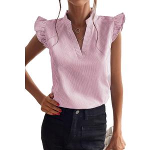 Floerns Women's Striped Ruffle Cap Sleeve Tops Summer Blouse Tops V Neck Business Causal Outfits for 2025 (Large)