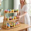 3 Tier Bamboo Serving Tray, Rectangle Serving Platters Tiered Tray Stand, Fruit Cupcake Display Stand Farmhouse Decorative Trays for Appetizers, Snacks, Dessert, Party, Birthday, Wedding