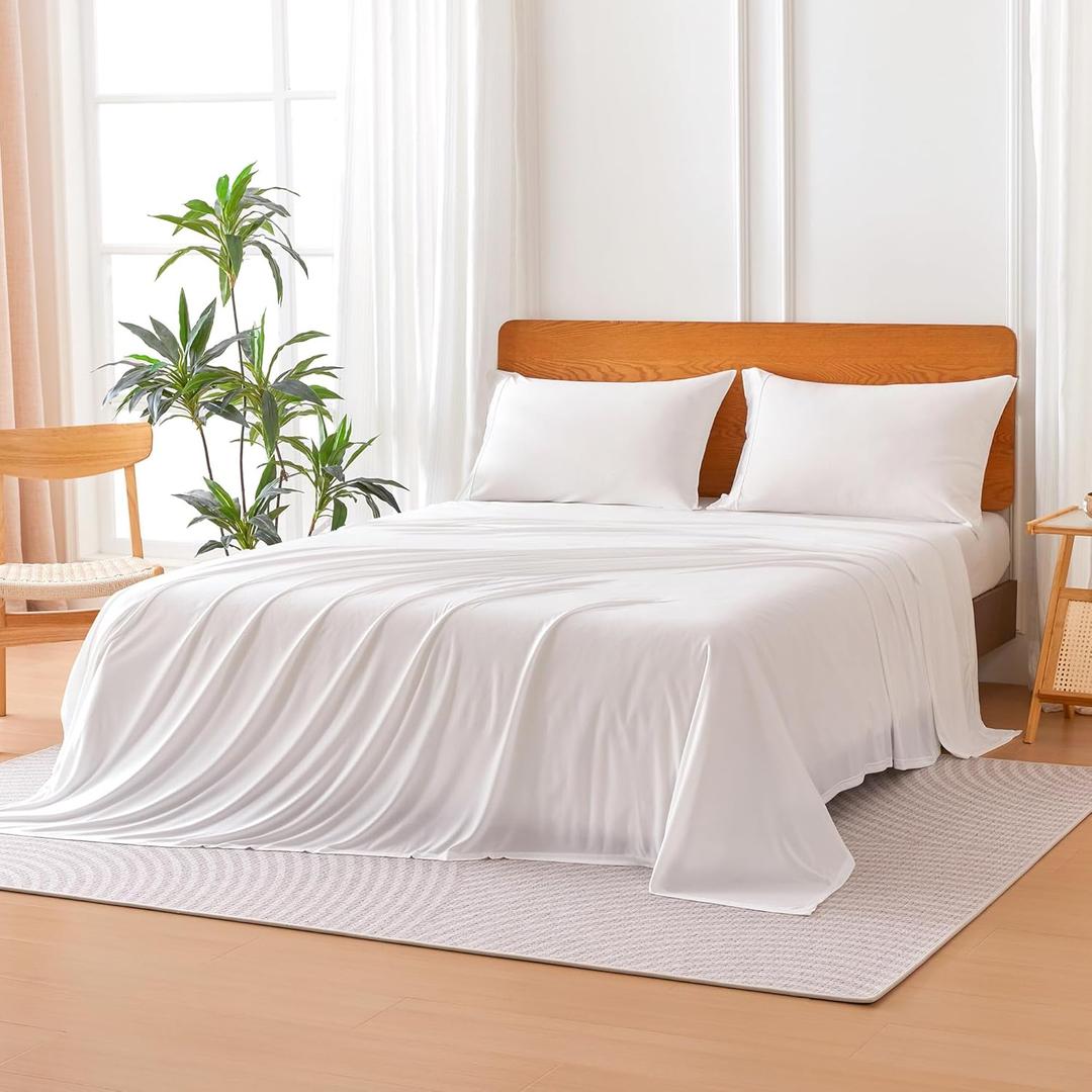 Jersey Knit Microfiber 4-Piece Sheet Set, Wrinkle Free and Easy Fit, Includes 16" Deep Pocket Fitted Sheet, 1 Flat Sheet and 2 Pillowcases, Queen, White